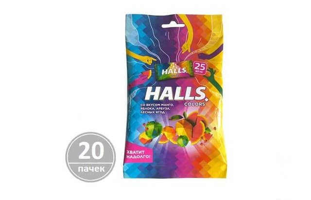 HALLS – Карамель леденцовая COLORS АССОРТИ в инд.уп. по 25шт. в пачке, в коробке 20 пачек