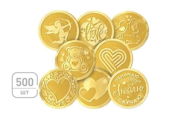 Шоколадные монеты 6г «Любовь» в коробках по 500 штук, горький 60%