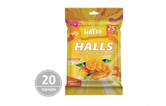 HALLS – Карамель леденцовая СО ВКУСОМ МЁДА И ЛИМОНА в инд.уп. по 25шт. в пачке, в коробке 20 пачек