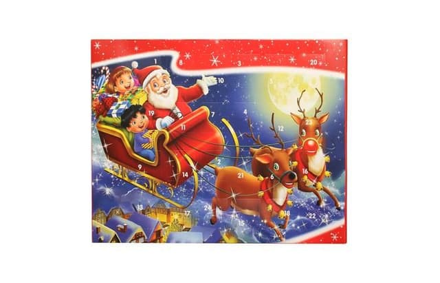 Новогодний адвент-календарь «Дед Мороз на санях» молочный шоколад 72г в коробках по 24 штуки