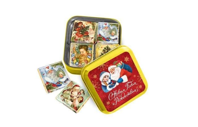 Новогодний шоколадный набор «Дед Мороз» в золотой жестяной банке 80г, 16 плиток шоколада 5г