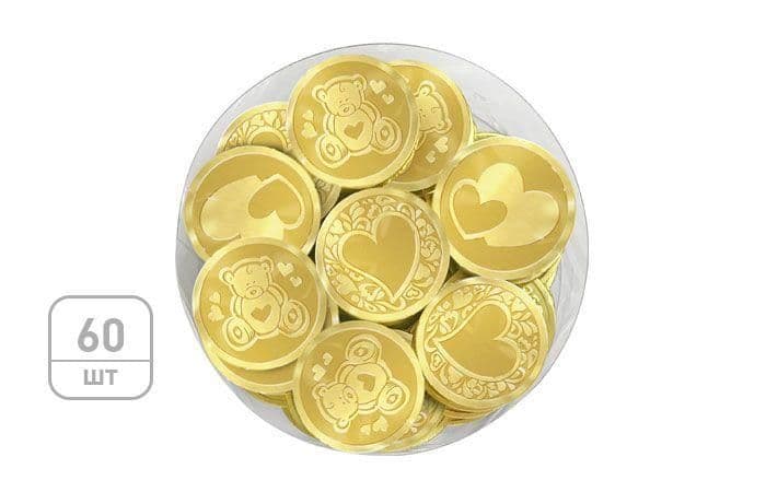 Шоколадная монета «Любовь» 6г, молочный шоколад в золотой фольге, в тубе по 60шт.