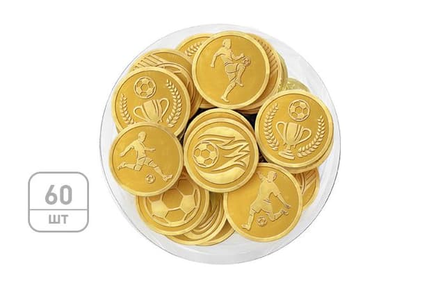 Шоколадные монеты «Футбол» 6г, молочный шоколад в золотой фольге, в тубе по 60 штук