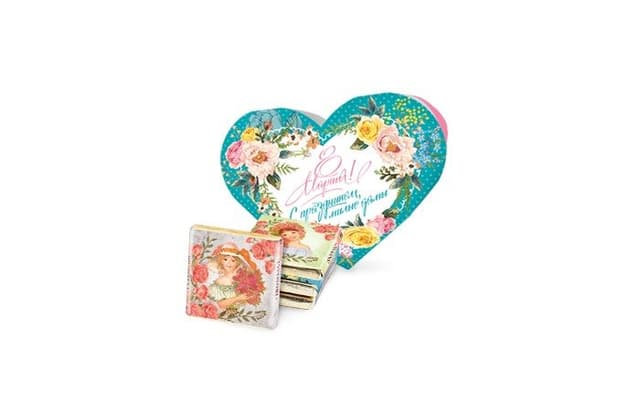 Шоколадный набор «Сердце» (голубой фон) С празником 8 марта из 4 шоколадок 5г [20г] 90х75х25 мм