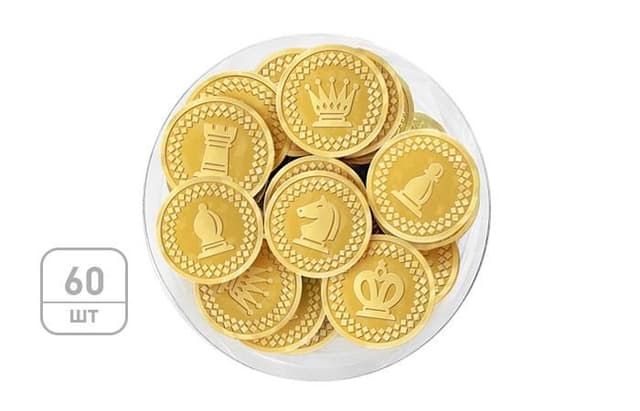 Шоколадные монеты «Шахматы» 6г, молочный шоколад в золотой фольге, в тубе по 60 штук
