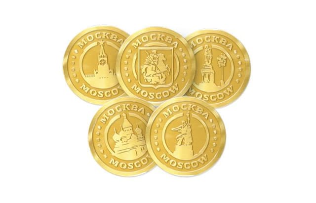 Шоколадные монеты 6г «Москва» в коробках по 500 штук, горький золото